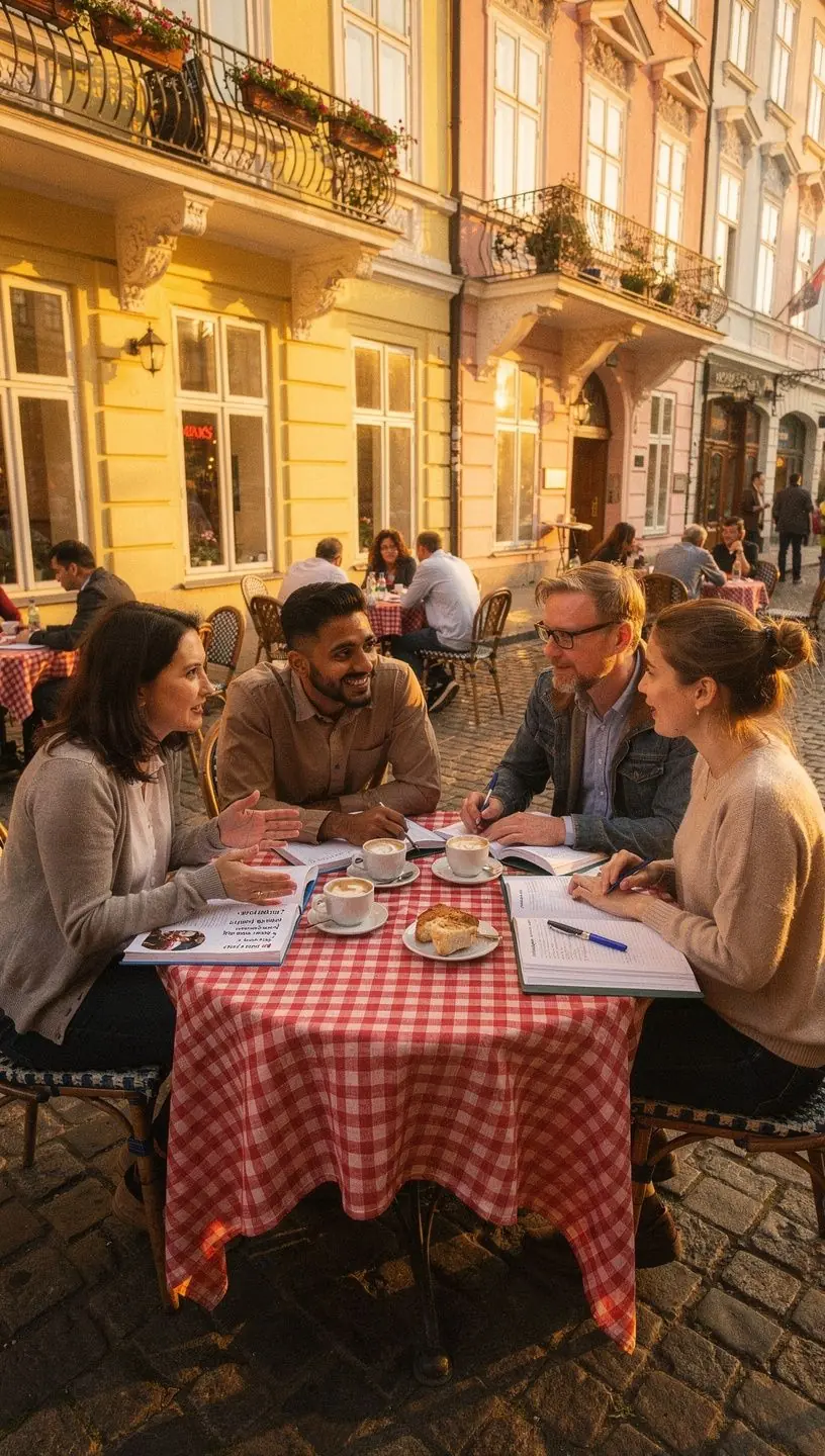 Ein Bildschirm zeigt eine interaktive Sprachübung für Deutsch, Spanisch und Französisch.