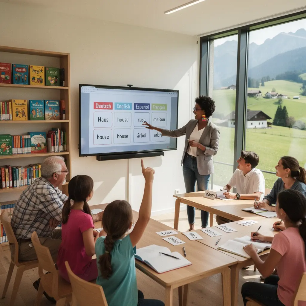 Eine Gruppe von Lernenden sitzt an Laptops und übt das Sprechen in mehreren Sprachen.