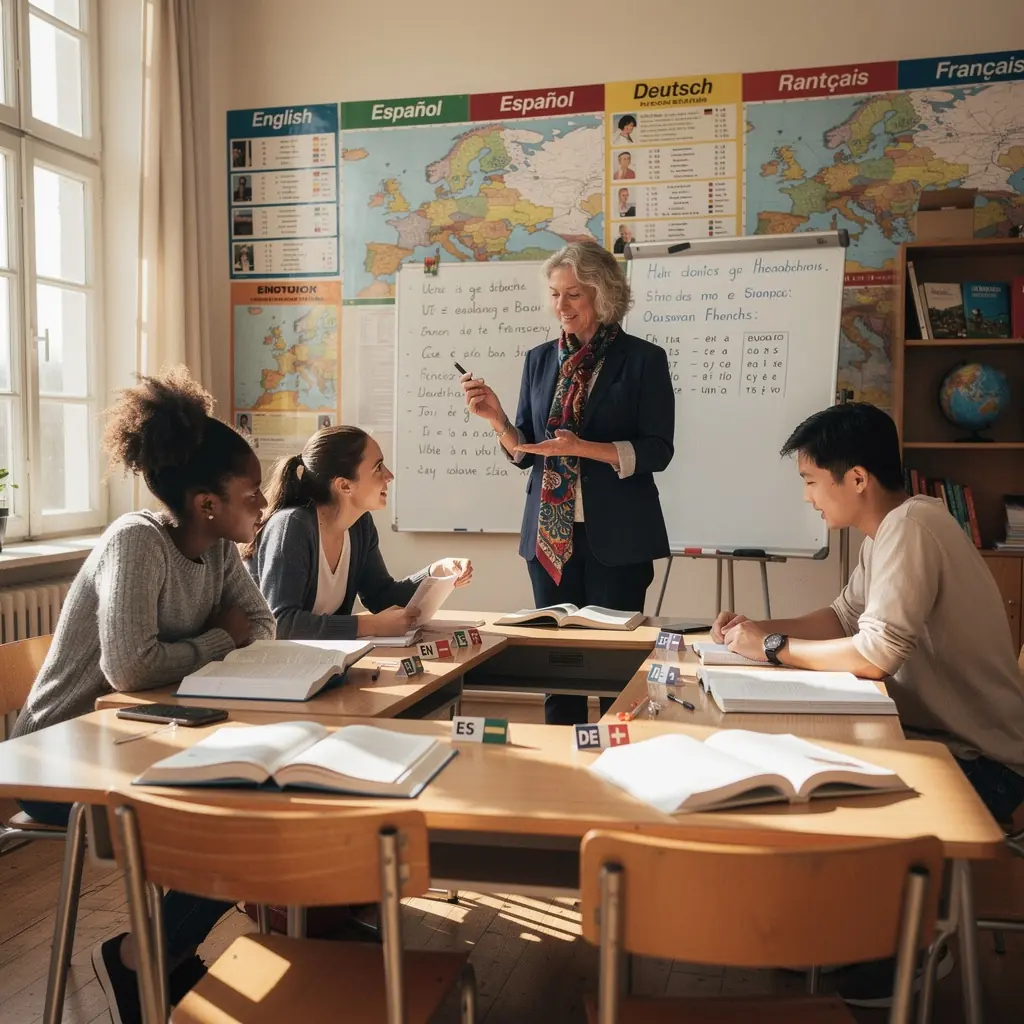 Ein Lehrer erklärt Schülern in einem virtuellen Klassenzimmer verschiedene Sprachen.