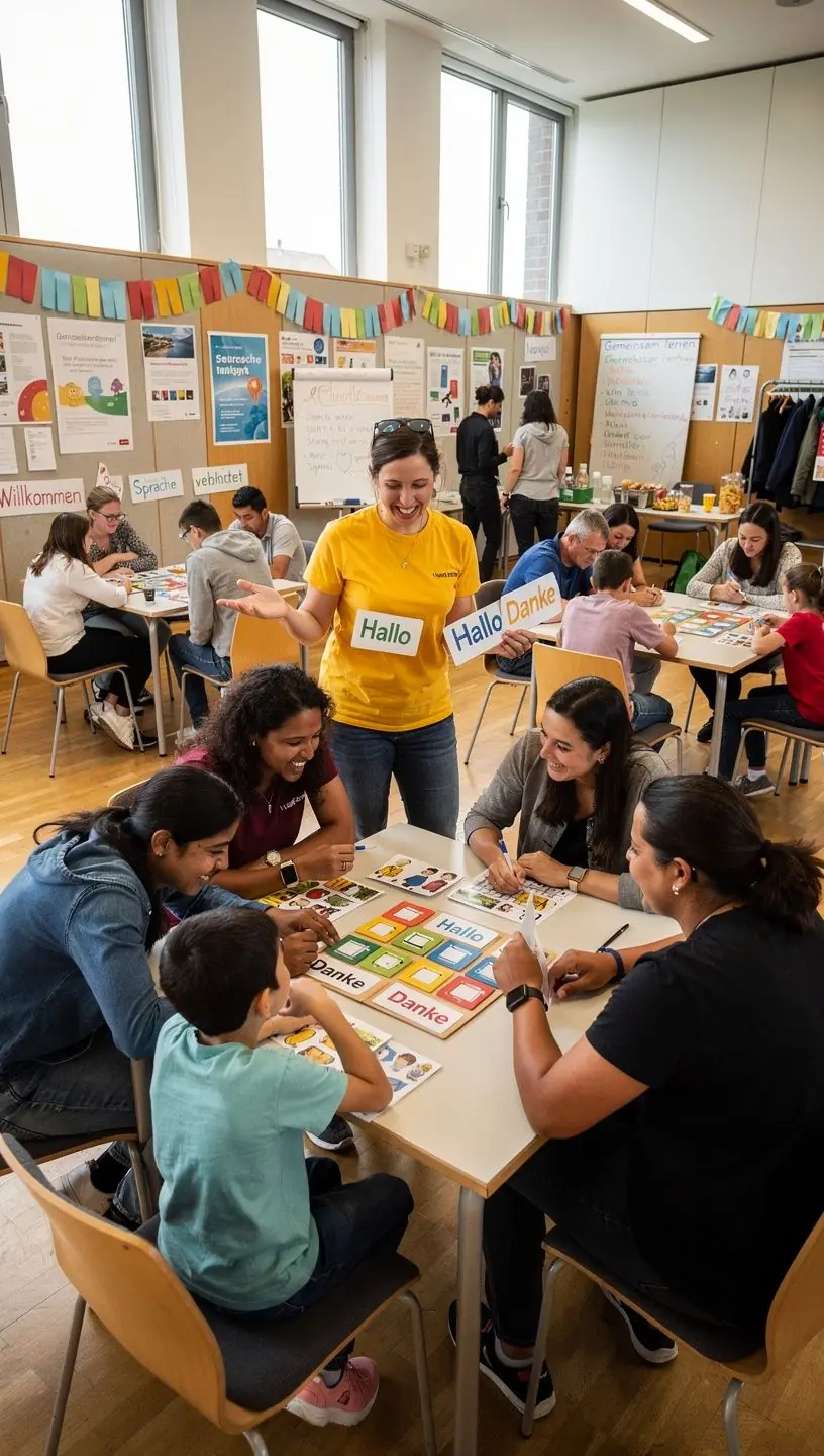 Laptop mit geöffnetem Sprachlernprogramm auf einem Tisch