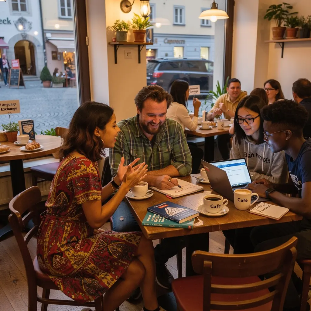 Notizbuch und Stift neben einem Computer für Sprachübungen